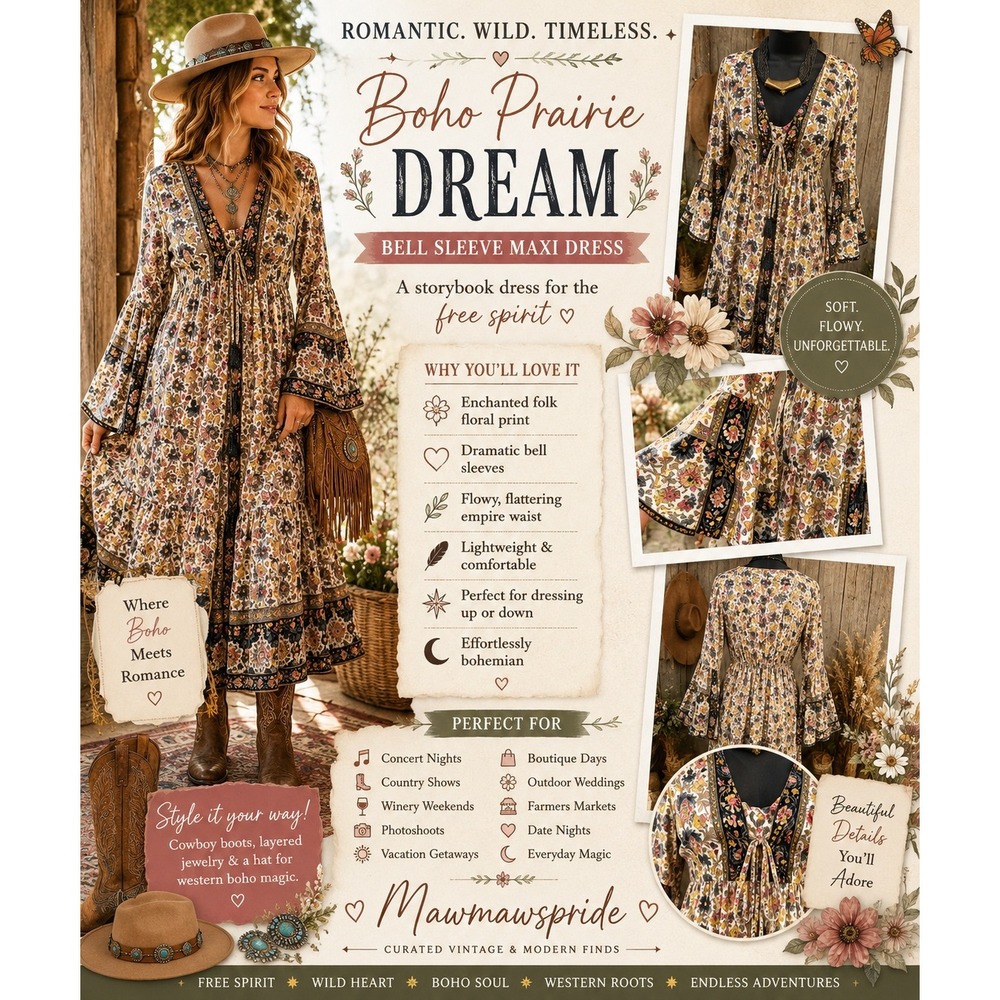 Boho Prairie Maxi Dress Bell Sleeve Y2K Cottagecore‎ Stevie Nicks Festival L